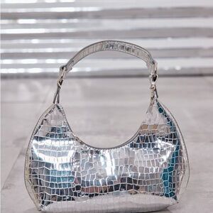 Pretty Little Thing Silver Mirrored Croc Curved Shoulder Bag